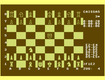 Commodore 64 Emu Caissa 5.2  (1986) Search Depth, Clocks, Move List, Move Entry, Move #