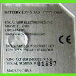 Excalibur Model 915-3 King Arthur Universal Version (2003) Computer Label
