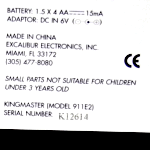 Excalibur Model 911E-2 King Master II (1997) Computer Label