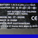 Excalibur Model 5T 932WE Stiletto II Deluxe (1994) Computer Label