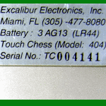 Excalibur Model 404 Touch Chess (2001) Computer Label