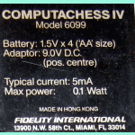 Fidelity Model 6099 Computachess IV (1988) Computer Label
