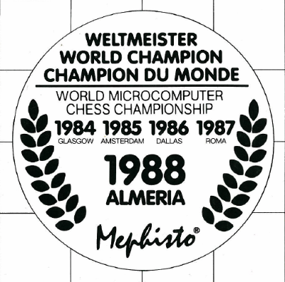 Picture shows “Almeria 1988” this was Mephisto’s and programmer Richard Lang's 5th consecutive World Microcomputer Chess Championship (WMCCC) success.