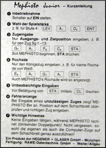 German short instructions label from the back of Mephisto Junior chess computer.