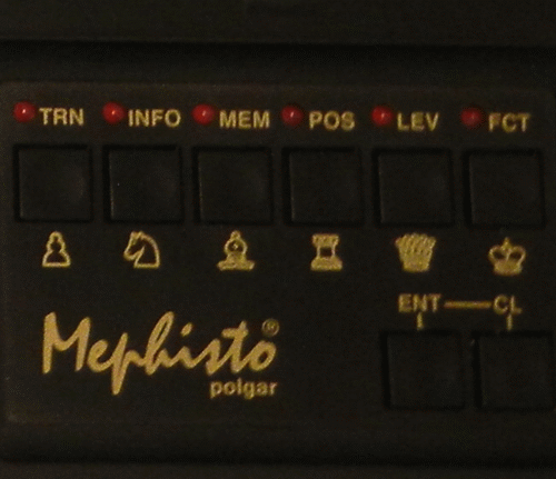 Picture shows Mephisto Polgar game control keys. There are 8 buttons used level set up and game options.