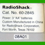 RadioShack and Tandy Model 60-2845 E-Chess (2001) Computer Label