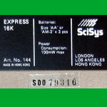 SciSys Kasparov Model 144 Express 16K (1985) Computer Label