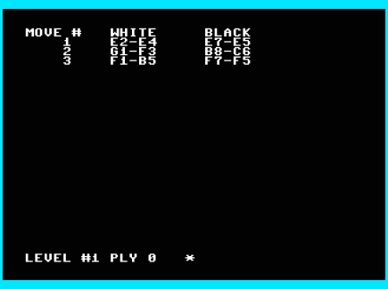 Commodore 64/128  Emulator Sargon II (1983)  Move List Screen (Function Key F1)