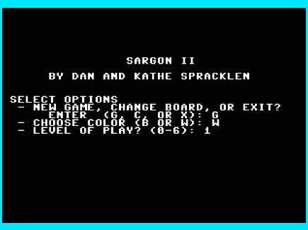 Commodore 64/128  Emulator Sargon II (1983)  Game Options (Function Key F5)
